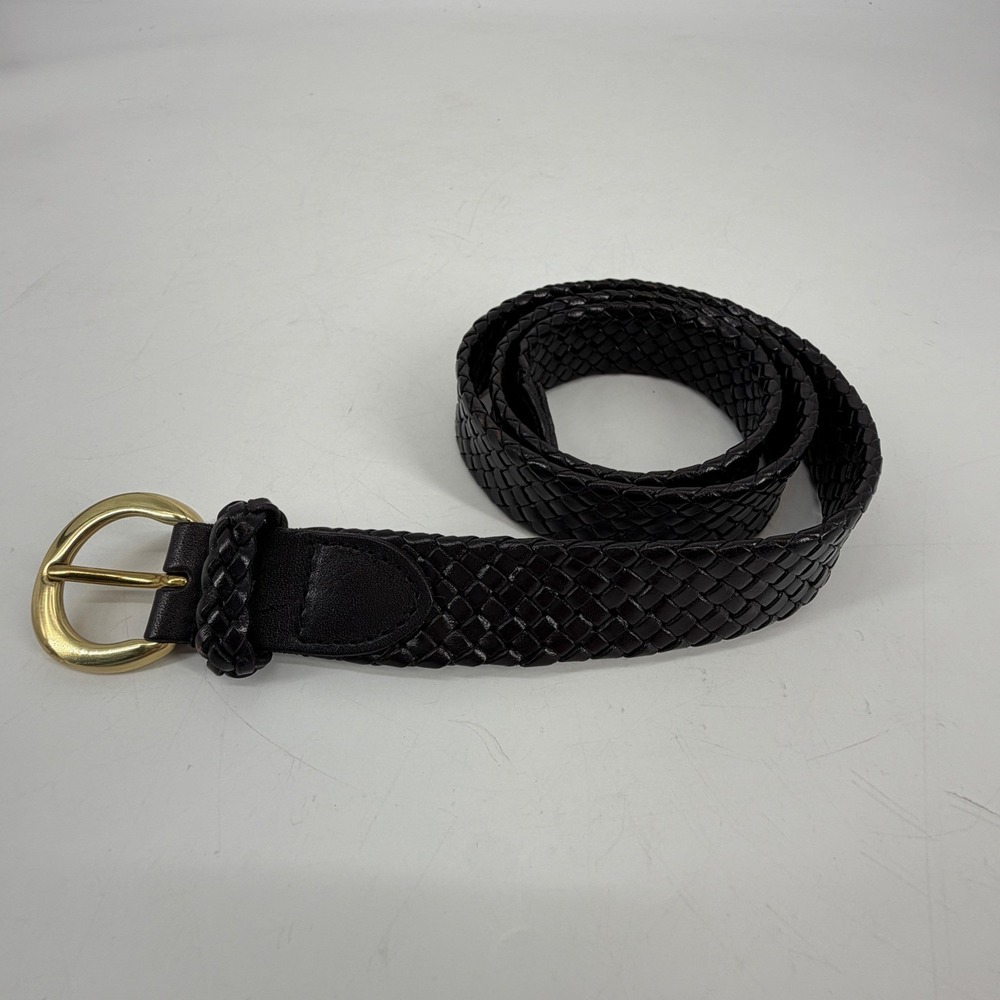 Talbots Womens Black Braided Genuine Leather Belt Brass Buckle Size M‎